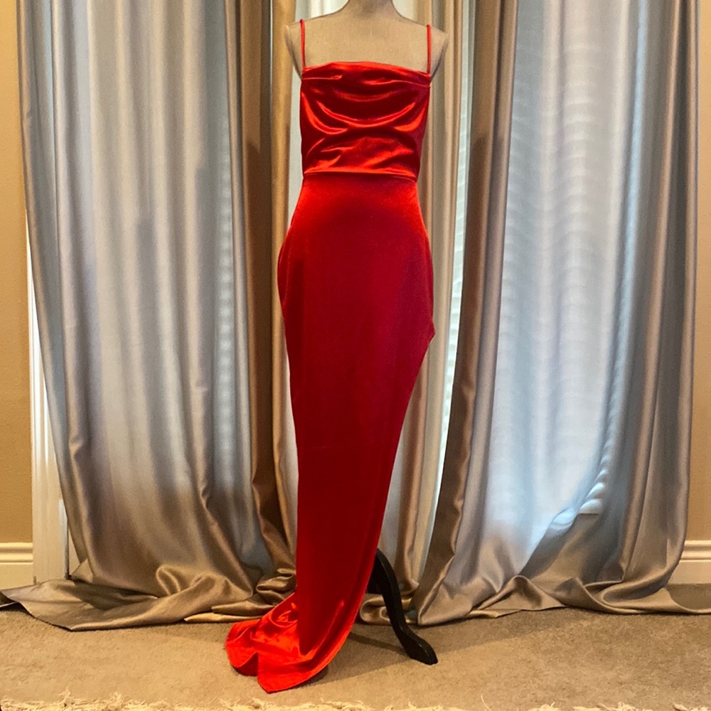 Red satin floor-length prom dress with asymmetrical slit
